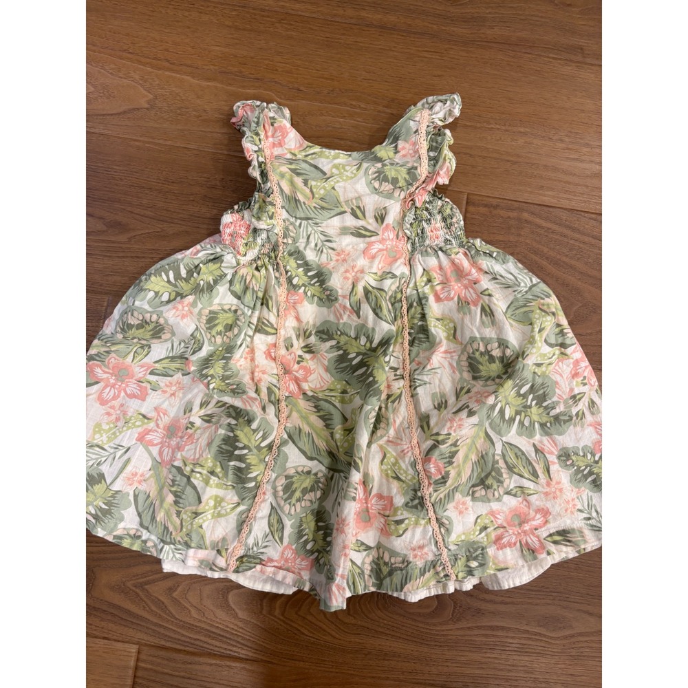 Tommy Bahama Dress Girls 5T Green Pink Tropical Floral Smocked Cotton vacation